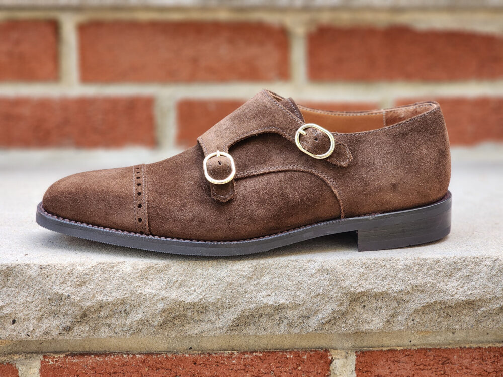 side profile brown suede monkstrap