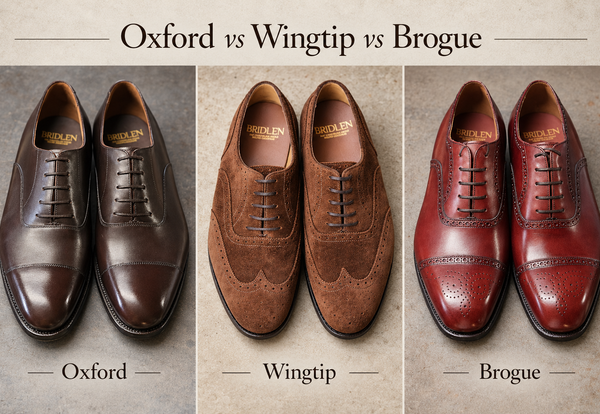 Three pairs of dress shoes: a dark brown Oxford, a brown suede Wingtip, and a burgundy Brogue, each labeled below.