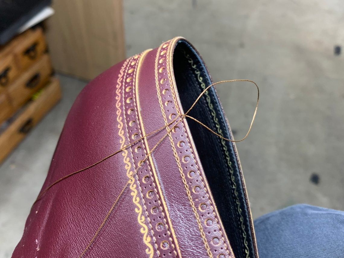 The upper first has regular machine stitched seams, and on these he then braided, by hand, a more decorative seam.