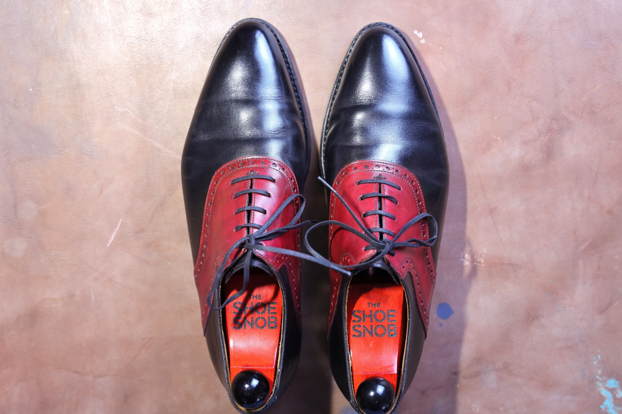 A pair of black and red leather shoes with laces displayed for the shoe care guide.