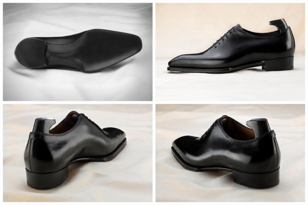 A pair of sleek black wholecut Oxfords showcasing smooth leather and a pointed toe design, illustrating why Wholecut Oxfords are More Expensive.