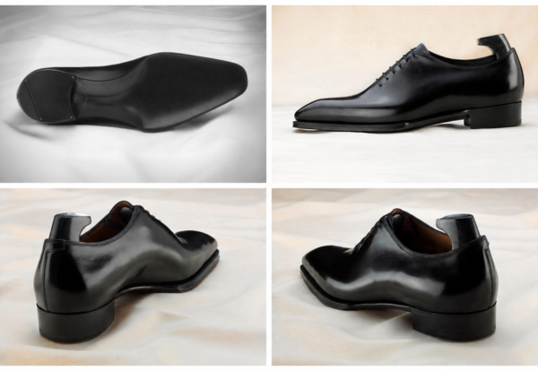 A pair of sleek black wholecut Oxfords showcasing smooth leather and a pointed toe design, illustrating why Wholecut Oxfords are More Expensive.