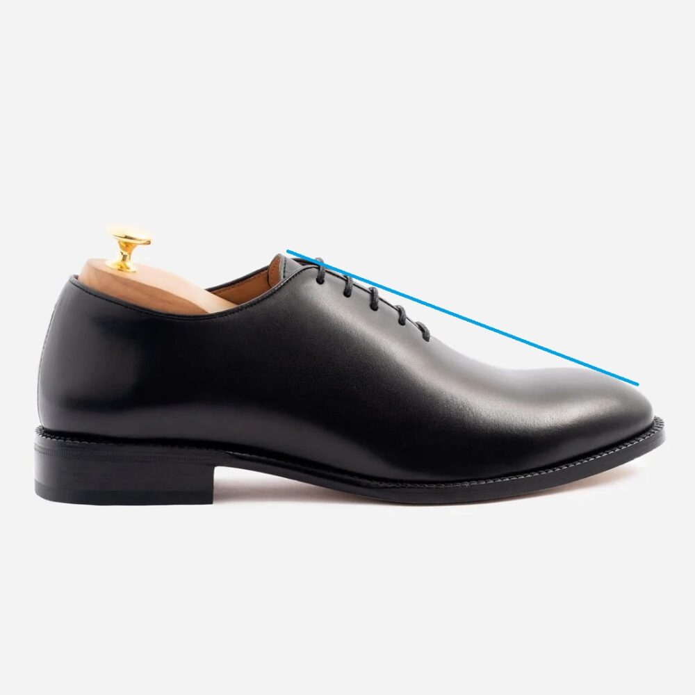 A sleek black leather Wholecut Oxford shoe with a wooden shoe tree inside.