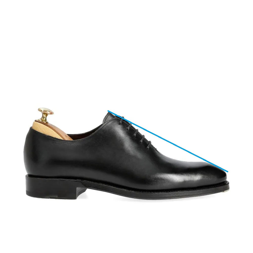 A sleek black leather wholecut Oxford shoe with a pointed toe and minimal stitching, illustrating why Wholecut Oxfords are more expensive.