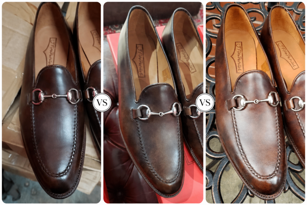 Three pairs of brown leather loafers with silver horsebit details, shown side by side for comparison.