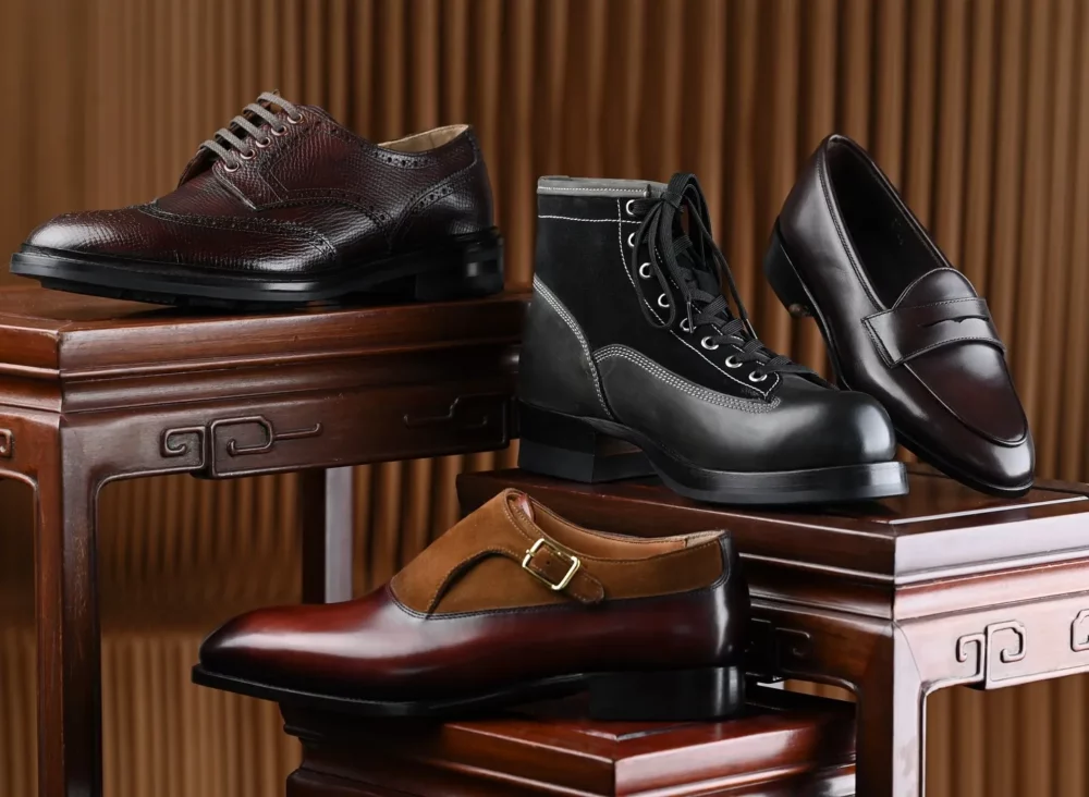 Four pairs of shoes, including a brown leather dress shoe, a black leather boot, a dark brown loafer, and a brown and black two-tone shoe, highlight "Shoe Industry Lies."