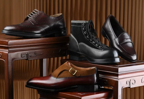 Four pairs of shoes, including a brown leather dress shoe, a black leather boot, a dark brown loafer, and a brown and black two-tone shoe, highlight "Shoe Industry Lies."