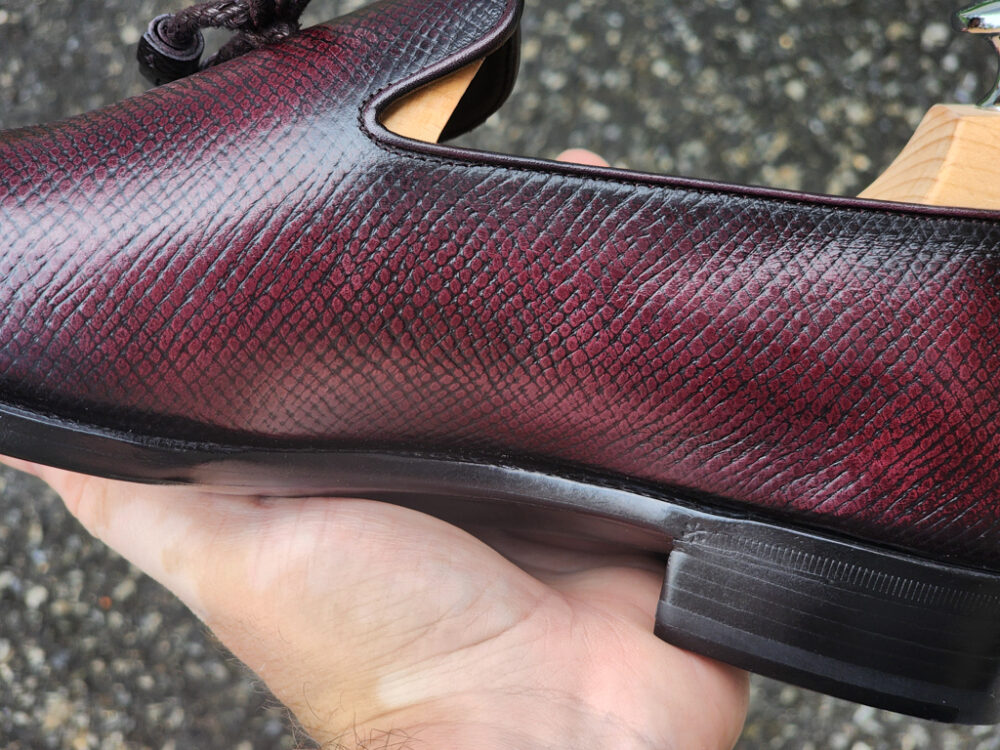 Up close detail shot of the horween hatchgrain