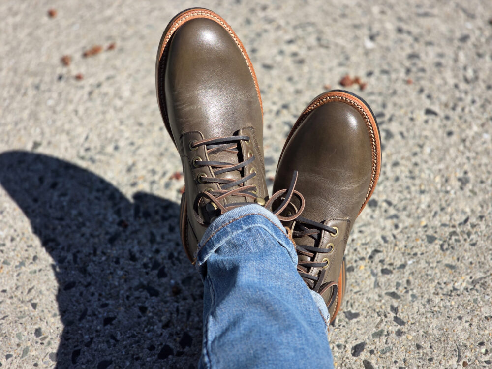 On the feet shot of the Grant Stone Diesel Boot in Jungle Kangaroo leather