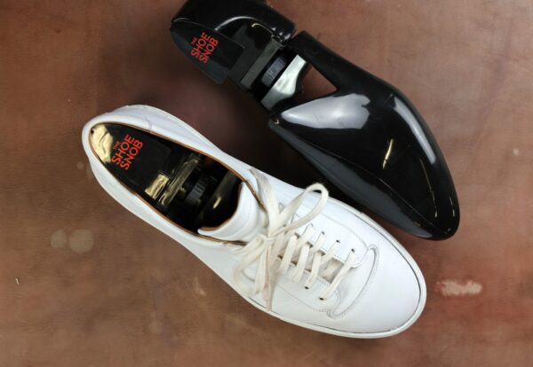 A white sneaker with laces and a black shoe tree beside it.