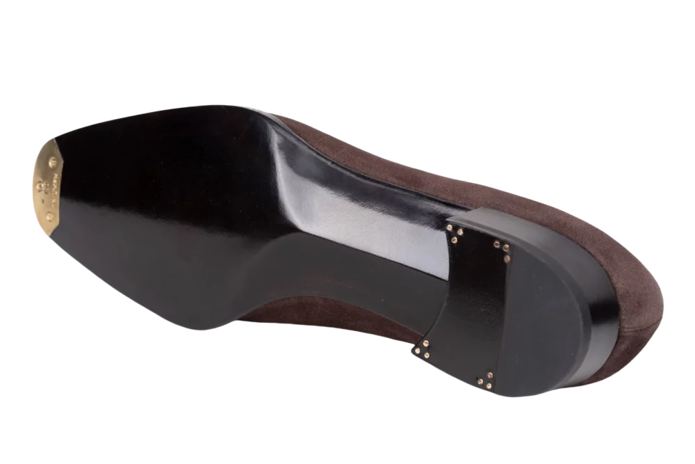 a fiddleback sole detail on a pair of brown suede Yearn Shoemaker Lazyman shoes