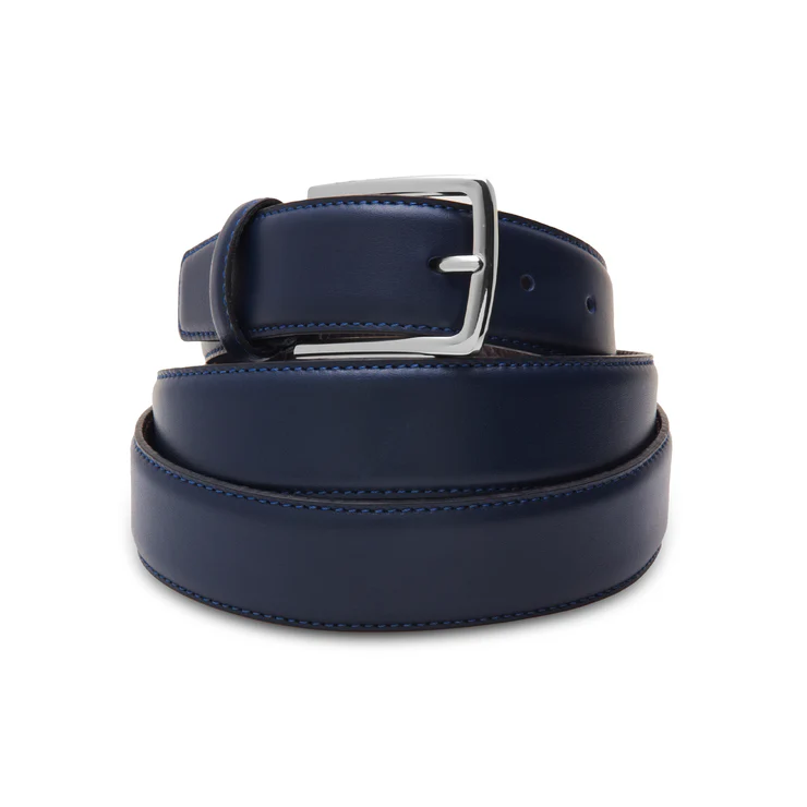 A dark blue leather belt with a silver buckle.