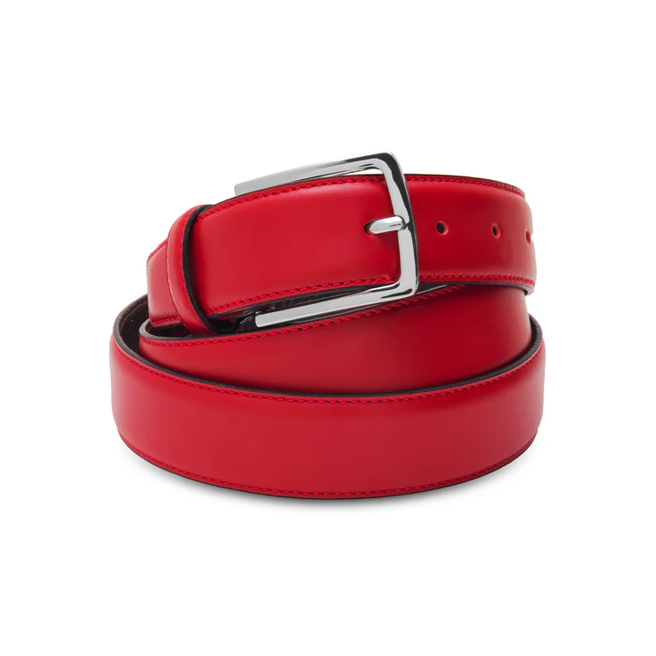 A red leather belt with a silver buckle.