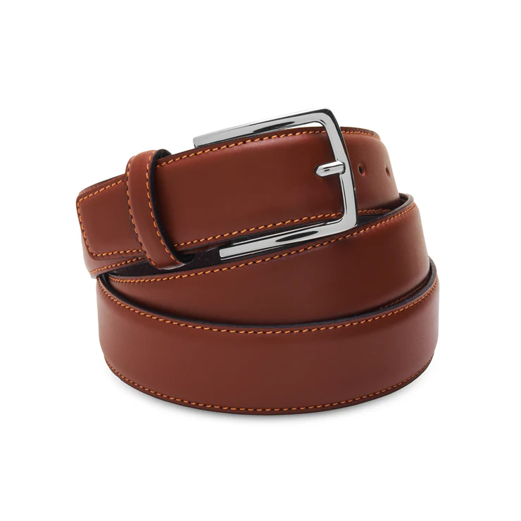 A brown leather belt with a silver buckle and orange stitching.