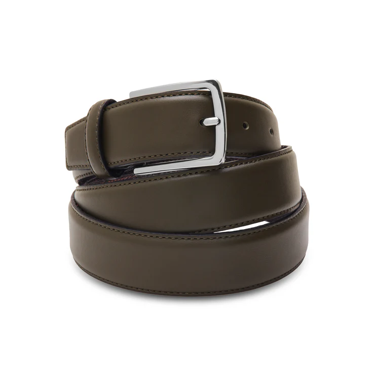 A dark olive green leather belt with a silver metal buckle.