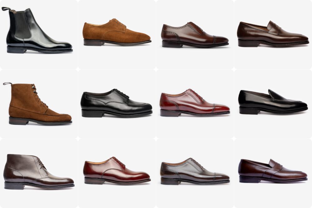 Una collezione di dodici paia di scarpe, tra cui stivali di pelle nera, scarpe di camoscio marrone e scarpe eleganti lucide in varie tonalità.