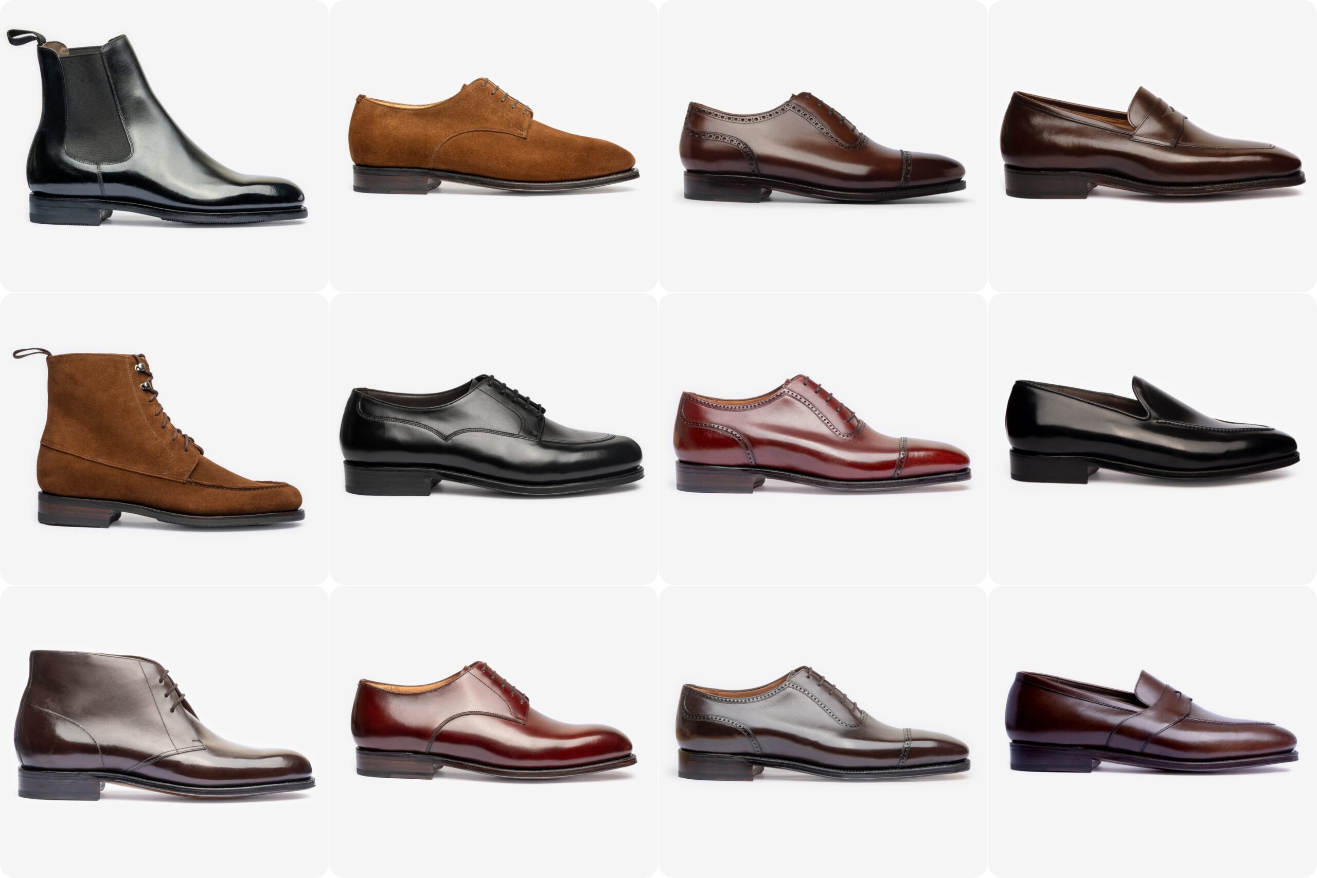 A collection of twelve pairs of shoes, including black leather boots, brown suede shoes, and polished dress shoes in various shades.