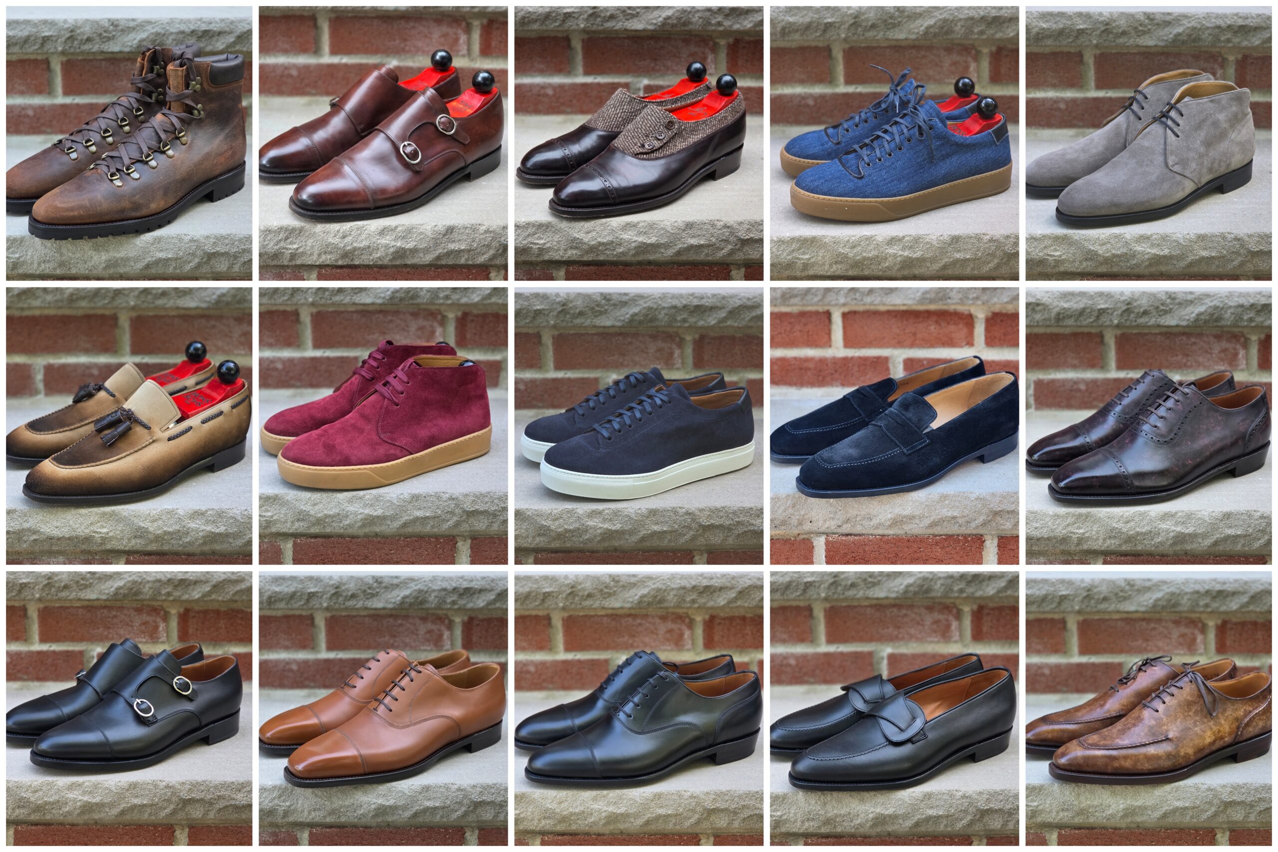 A variety of shoes, including brown leather boots, suede sneakers in red and blue, and black dress shoes, displayed in rows.