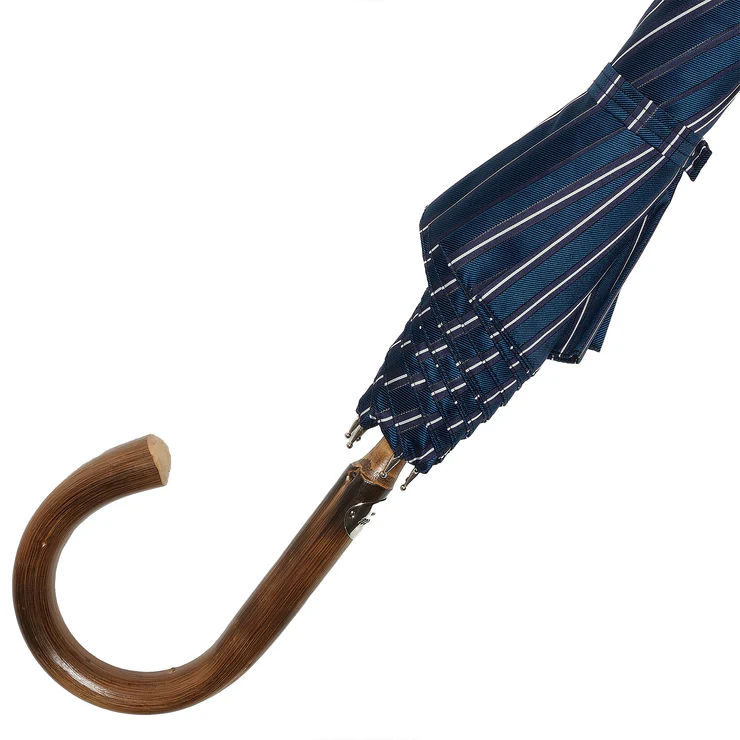 A navy blue striped umbrella with a curved wooden handle.