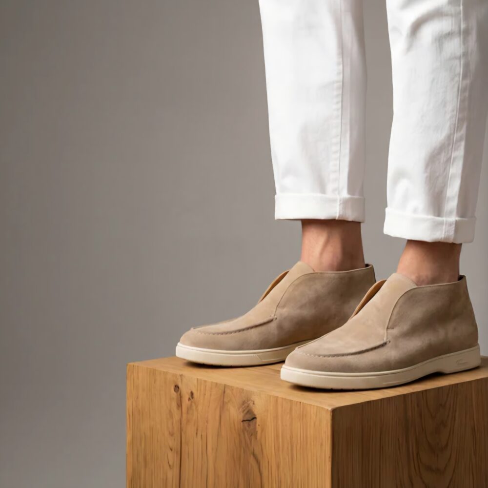 A pair of beige suede TLB Mallorca Laceless Ankle Boots on a wooden pedestal, worn with rolled-up white pants.