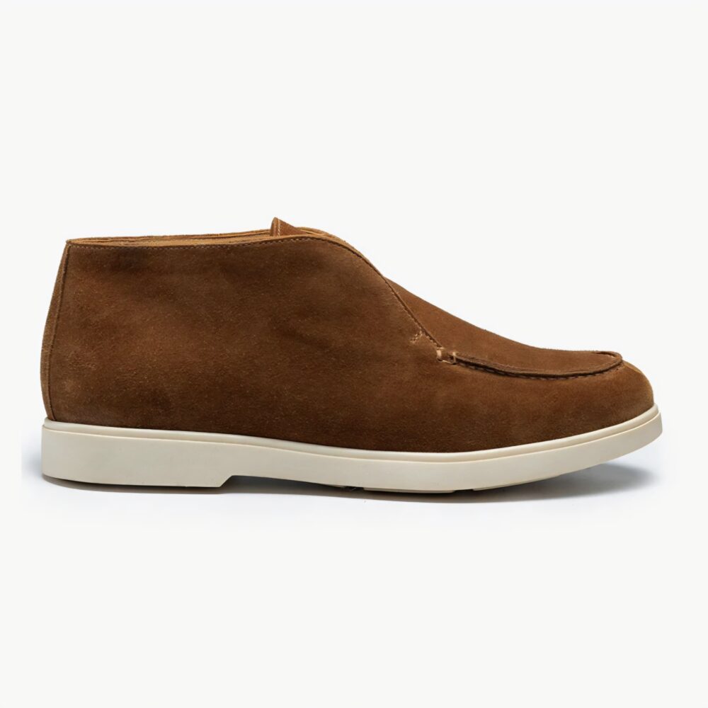Brown suede ankle boots with a white rubber sole.
