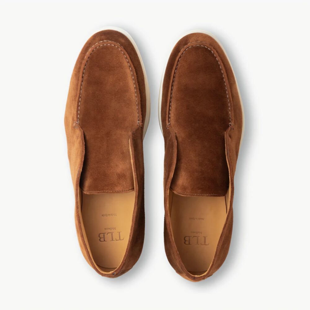 Brown suede TLB Mallorca Laceless Ankle Boots with a cream-colored sole.