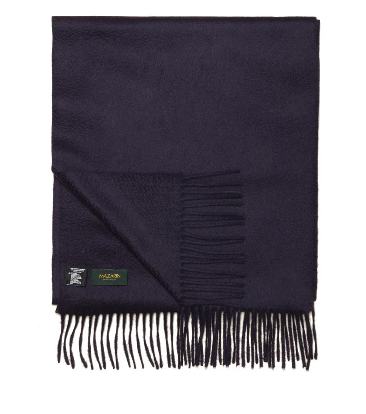 A dark navy scarf with fringed edges and a small label.