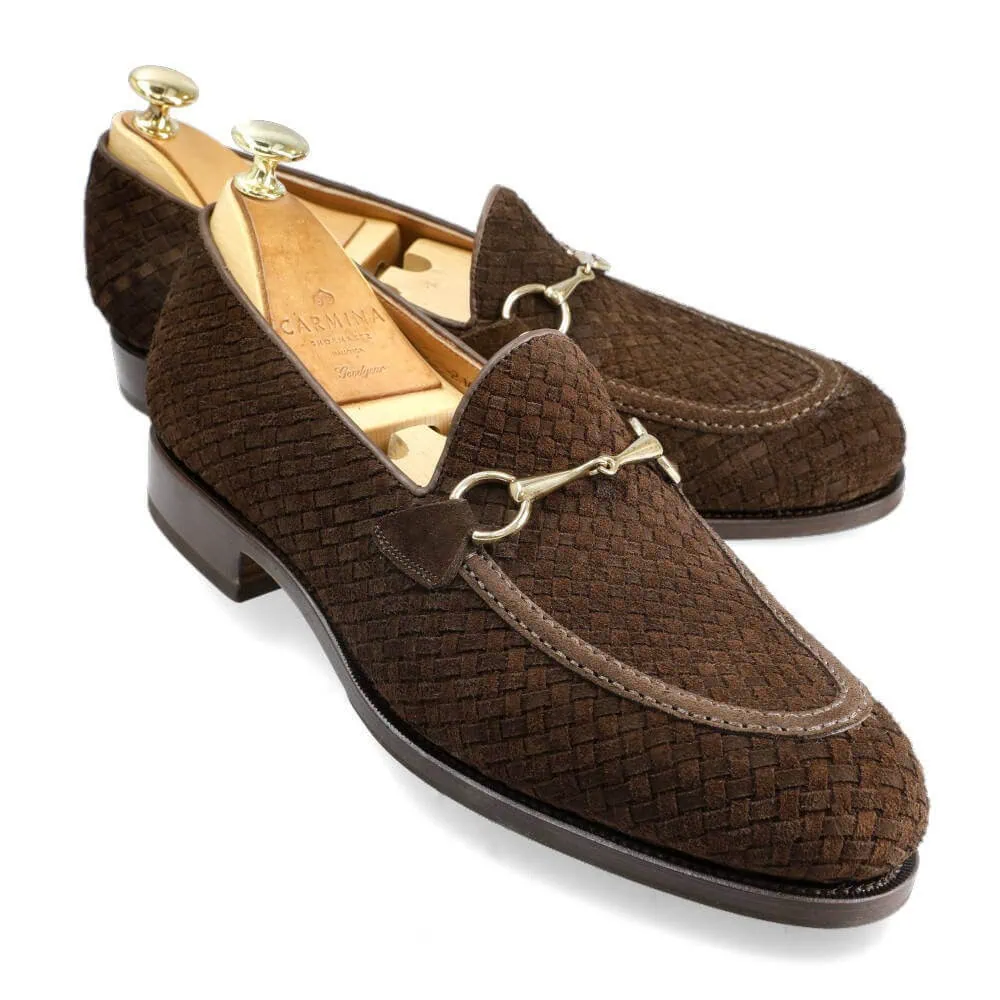 Brown woven loafers with a decorative gold bit detail.