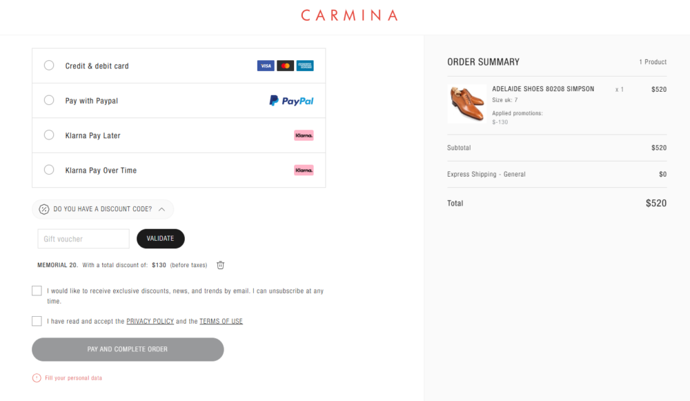 A summary of an online order for brown Adelaide shoes priced at $520, with payment options listed.