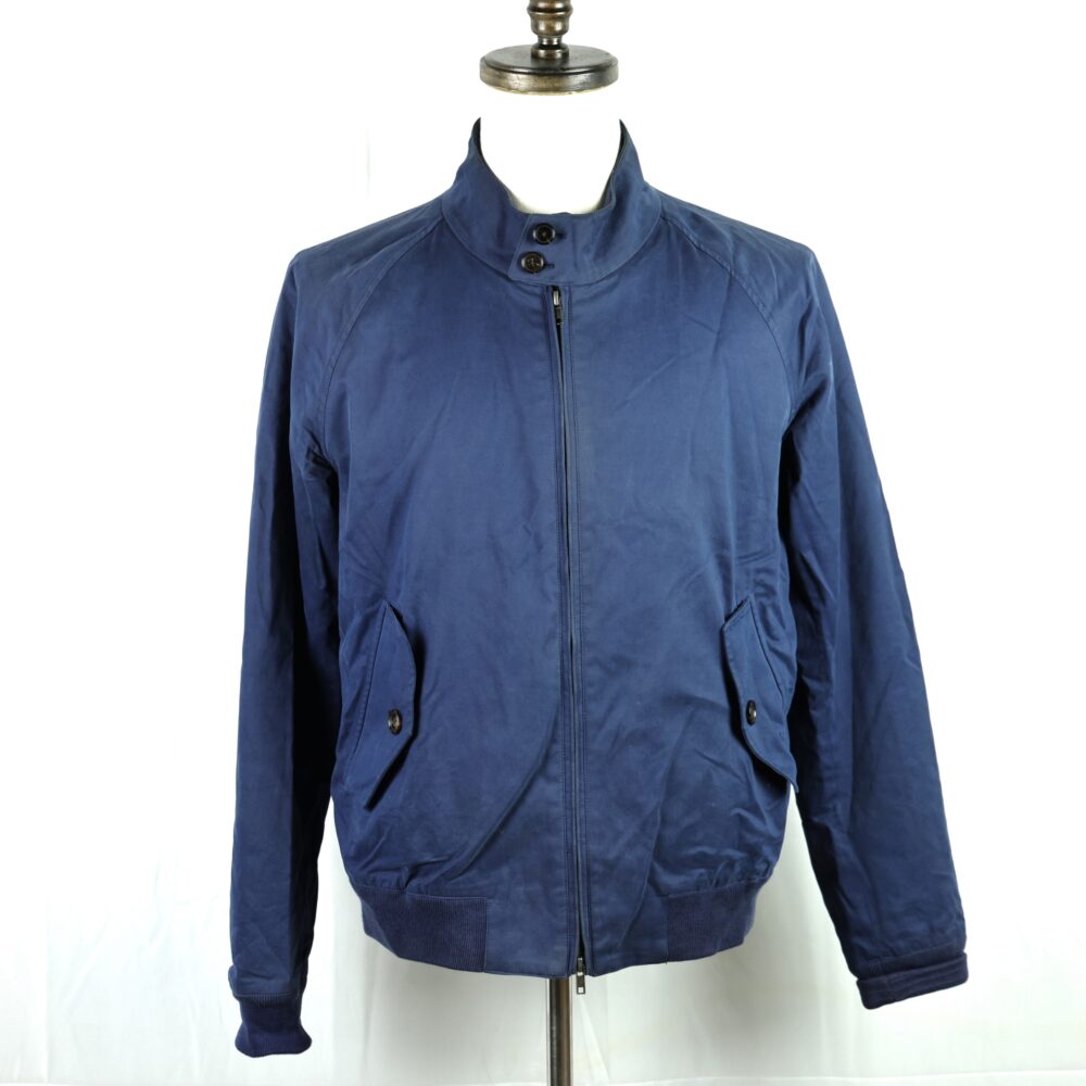 Navy blue jacket with a zip front and two side pockets.
