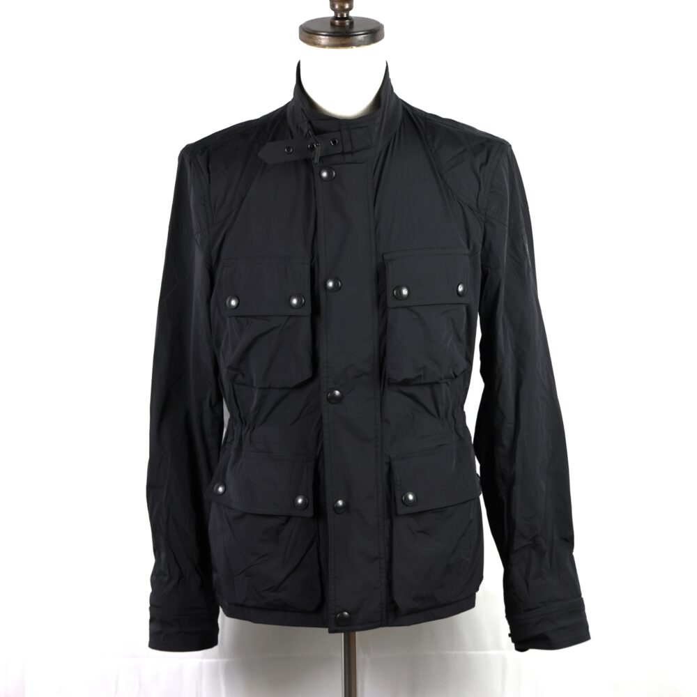 A black, lightweight jacket featuring multiple front pockets and a high collar.