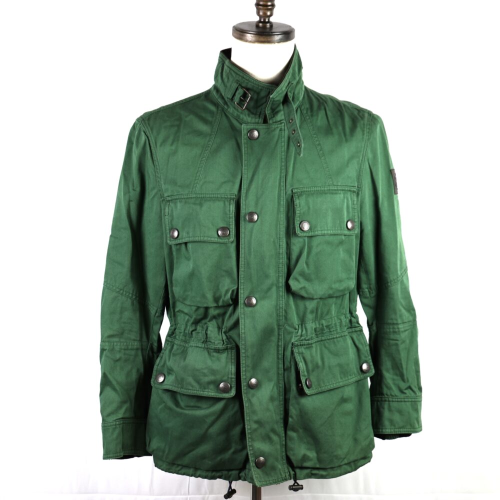A green, button-up jacket with two chest pockets and a cinched waist.