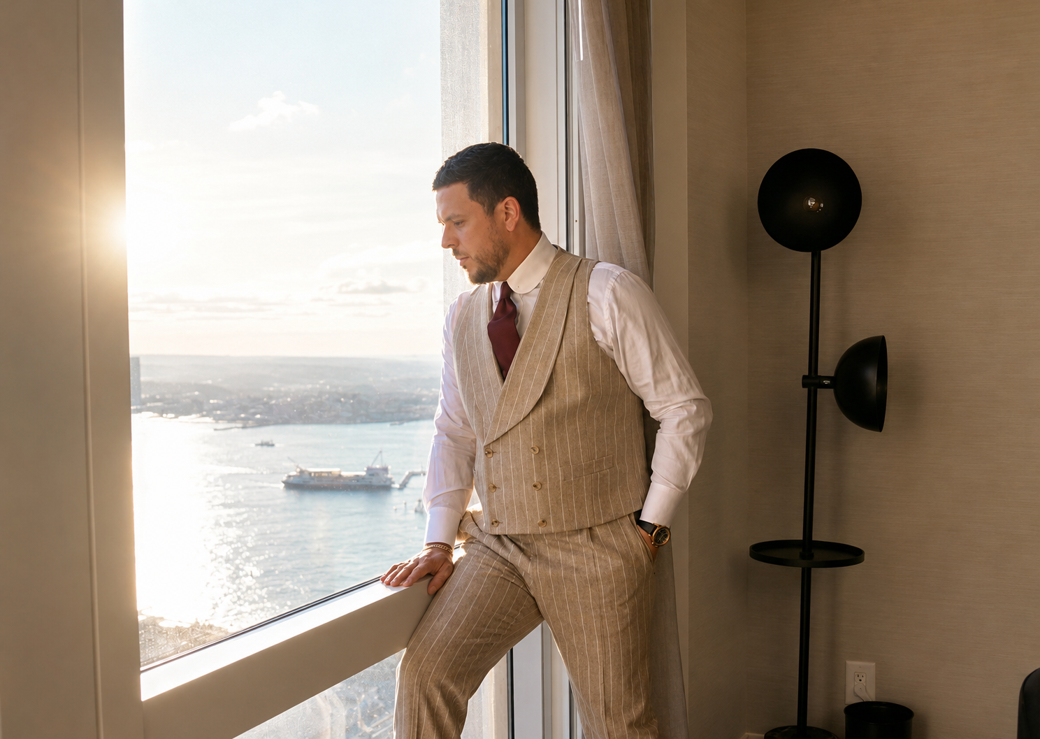 A man in a light striped suit and maroon tie stands by a large window, gazing out thoughtfully.