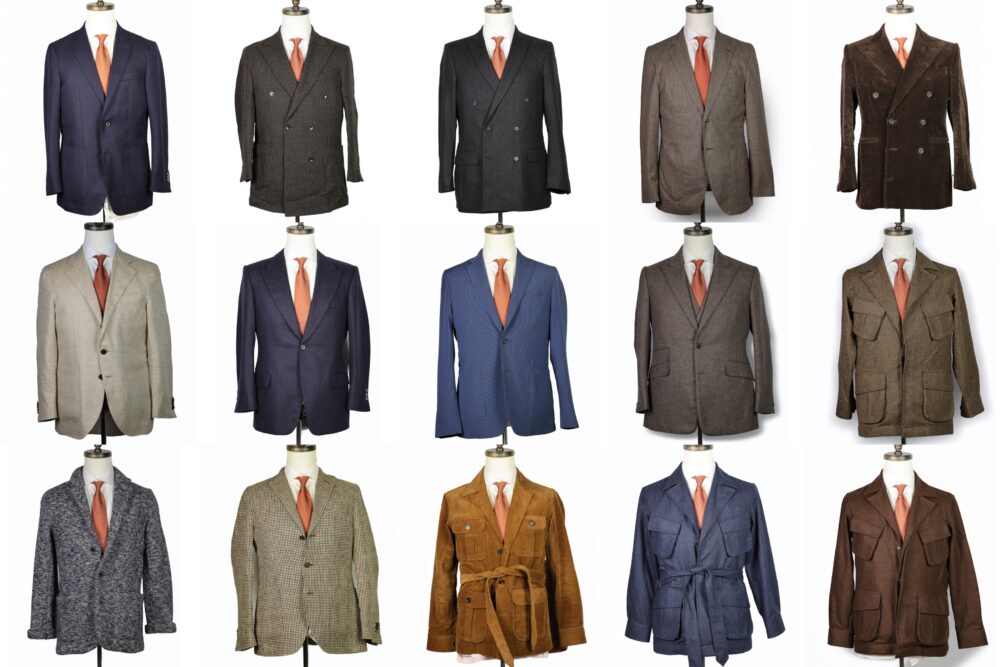 A collection of 12 men's jackets in various colors and styles, all featuring orange ties.