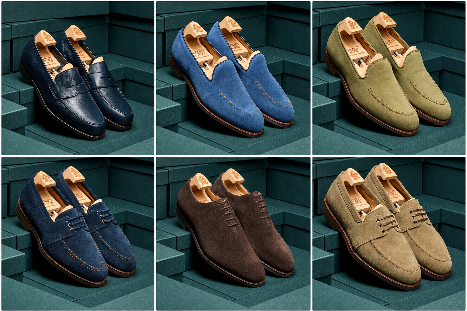 A collection of six pairs of stylish shoes in various colors, including navy, blue, green, and brown, displayed with wooden shoe trees.