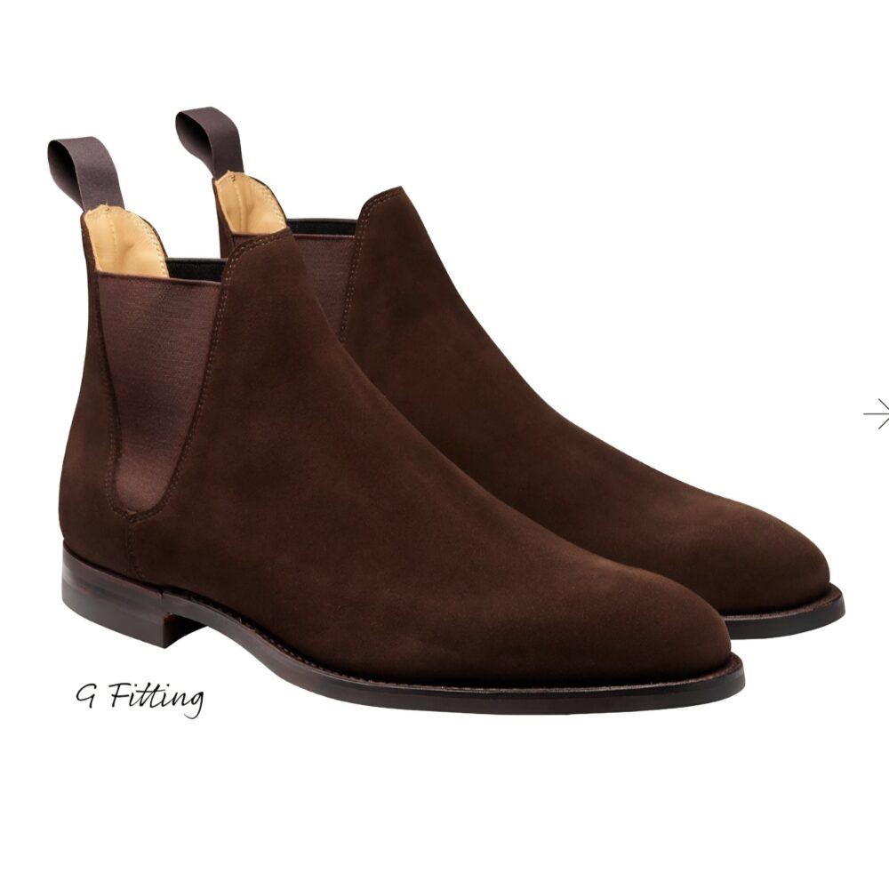 Brown suede Chelsea boots with elastic side panels and pull tabs.