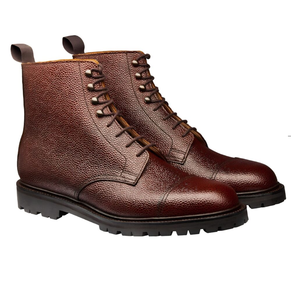 Brown leather ankle boots with a textured finish and lace-up design.