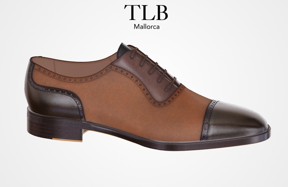 Brown leather dress shoe with a dark brown cap toe and decorative stitching.