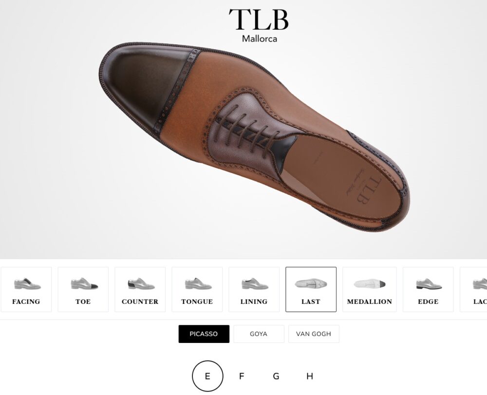 A brown leather dress shoe with a dark toe cap and intricate stitching is displayed from above.