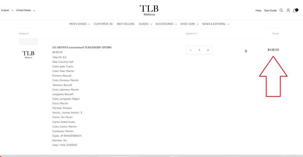 A product listing for the TLB Mallorca 121 ARTISTA shoes, featuring various materials in shades of brown and black, priced at $438.00.