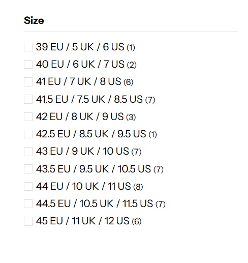 A list of shoe sizes in EU, UK, and US measurements.