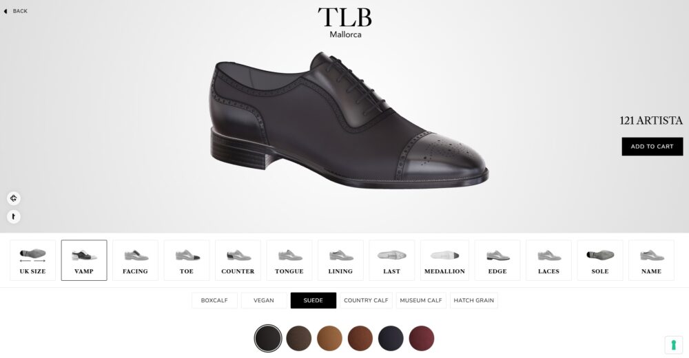 A sleek black leather dress shoe with a brogue toe design.