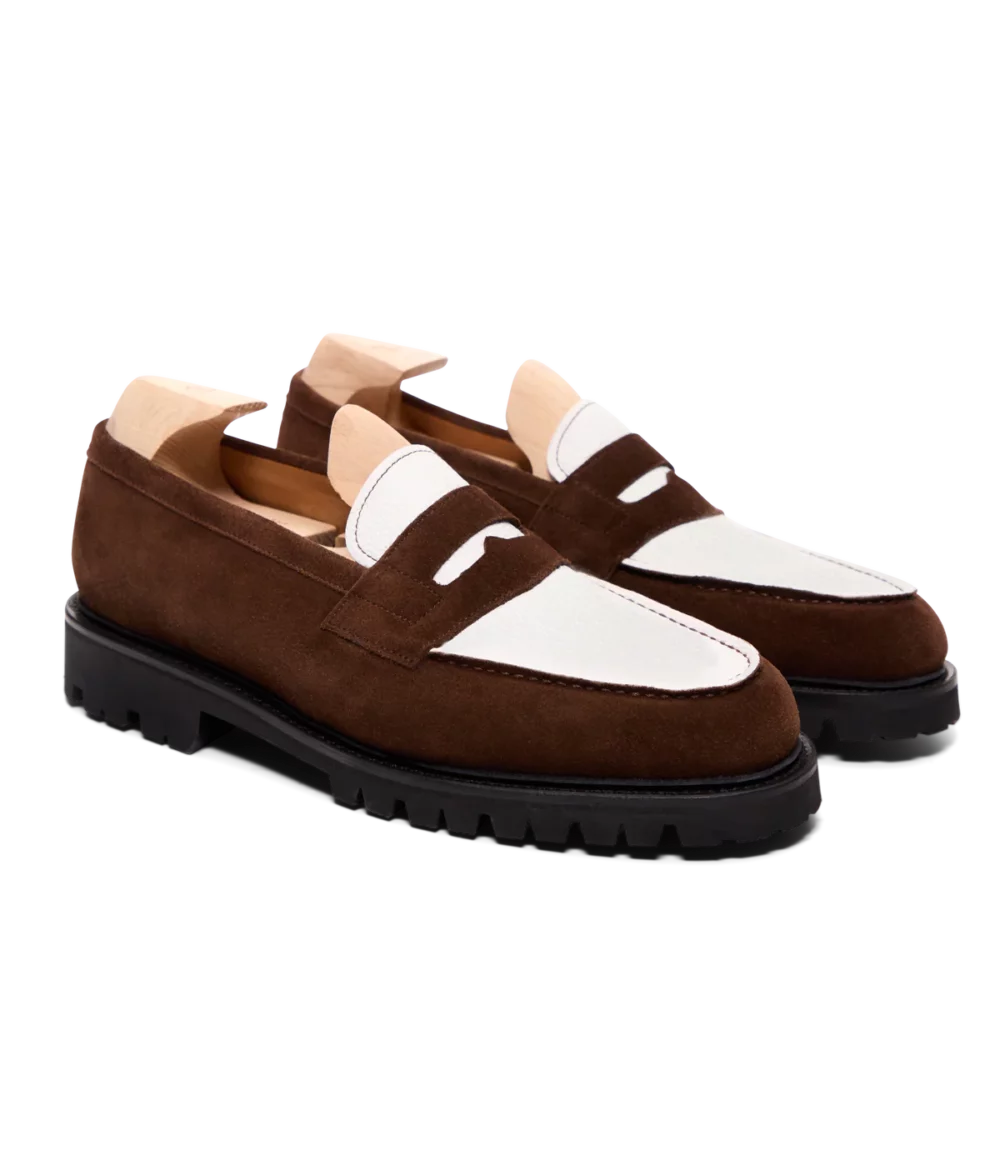 Brown suede loafers with white leather accents featured in the Septieme Largeur Summer Sale 2026.