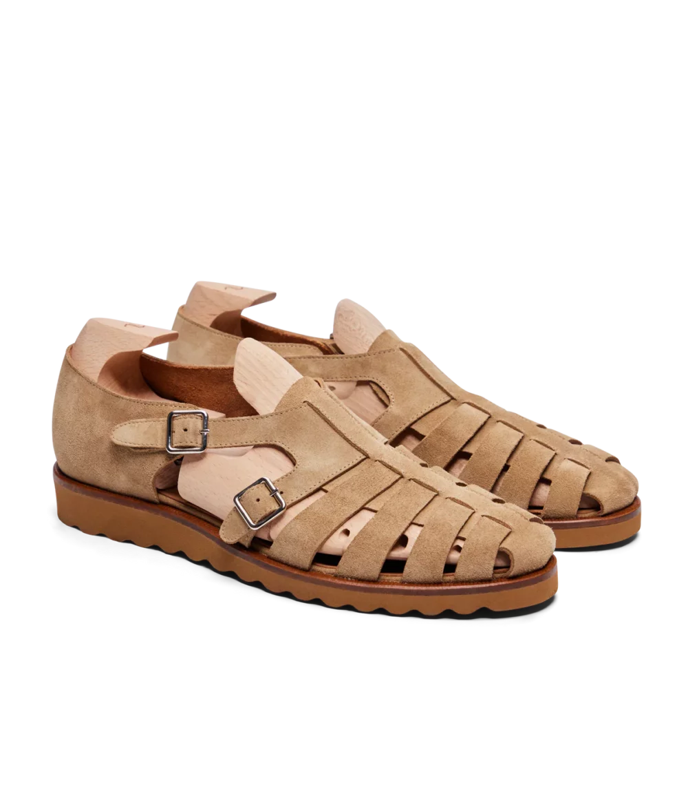 Tan suede sandals with a strappy design and buckle detail, featured in the Septieme Largeur Summer Sale 2026.