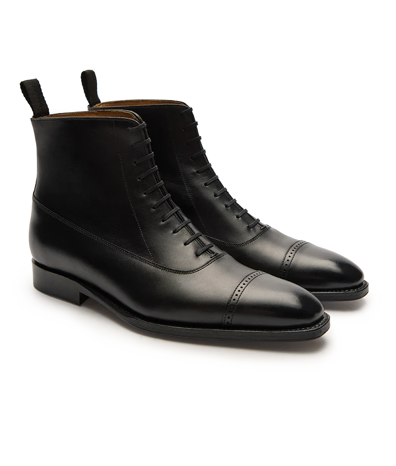 Black leather ankle boots with a cap toe design, featured in the Septieme Largeur Summer Sale 2026.