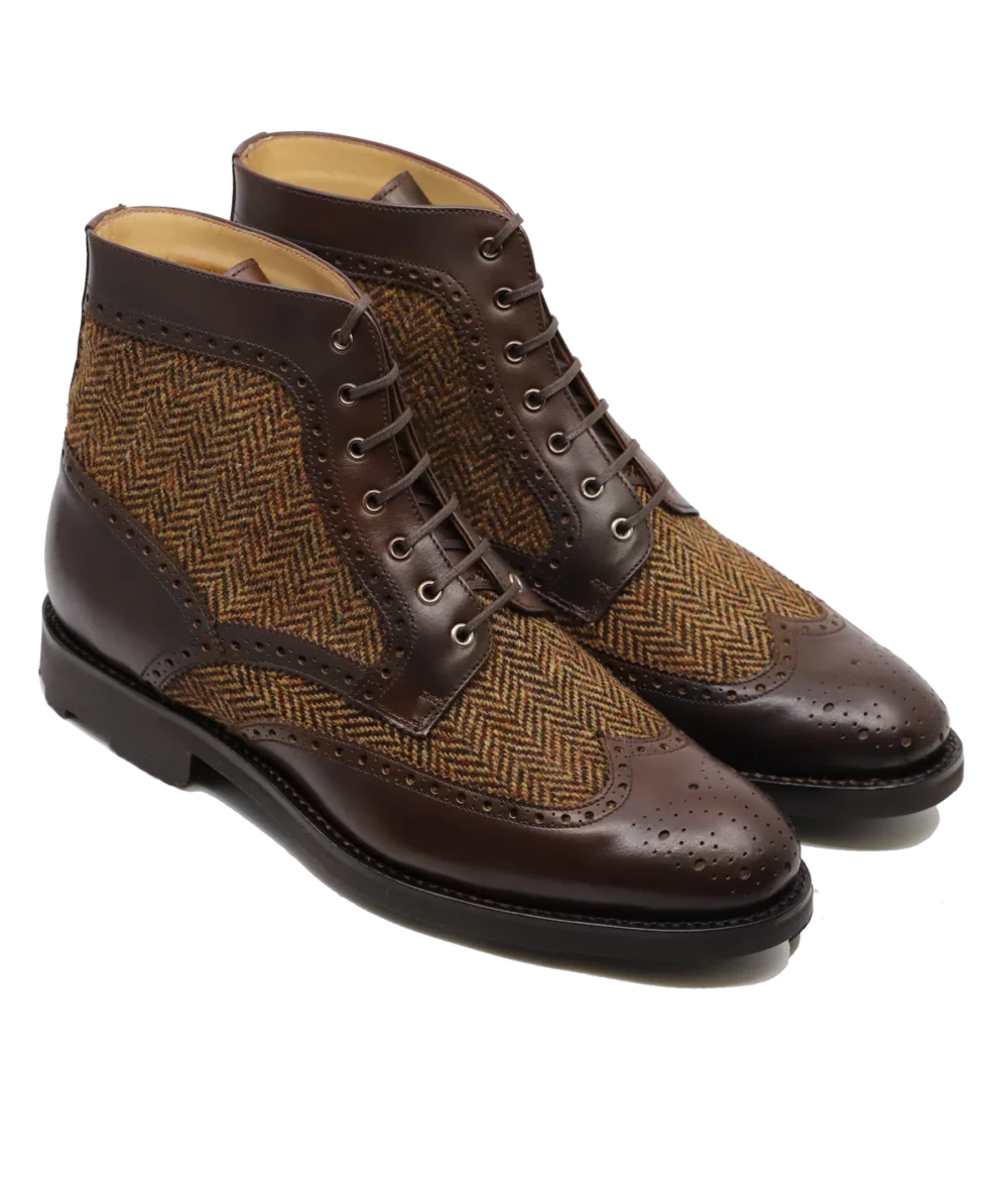 Brown leather ankle boots with herringbone fabric, featured in the Septieme Largeur Summer Sale 2026.