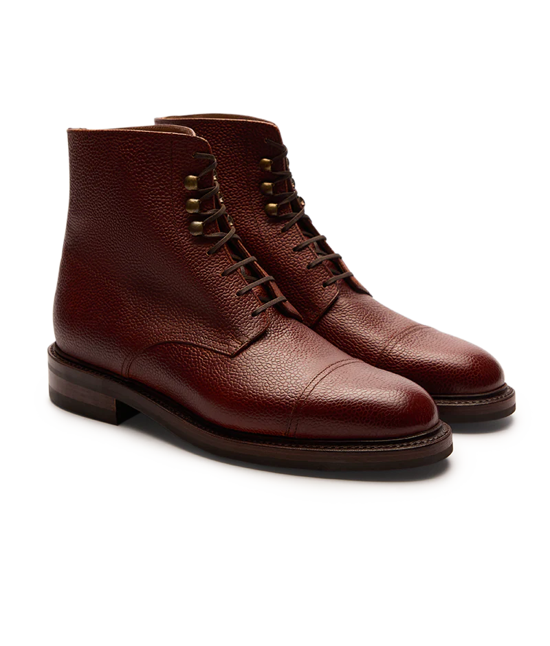 Brown leather ankle boots featuring a textured finish, showcased for the Septieme Largeur Summer Sale 2026.