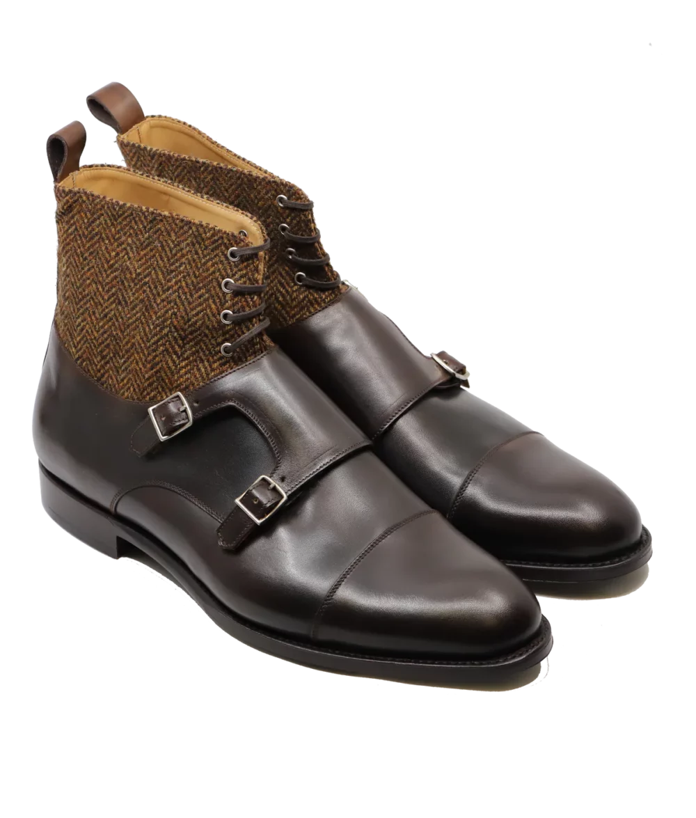 Brown leather boots with a herringbone fabric upper, featured in the Septieme Largeur Summer Sale 2026.