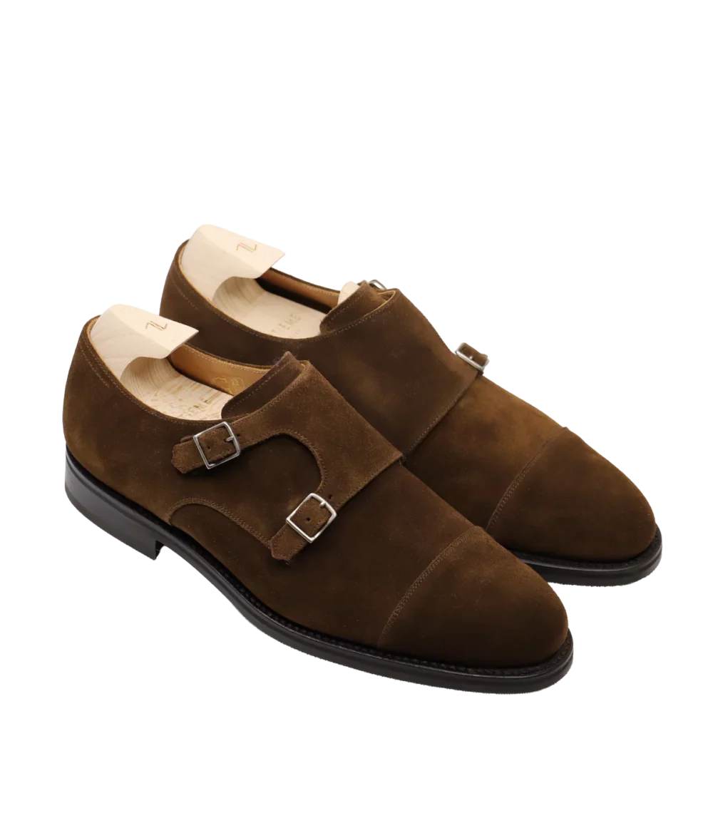 Brown suede double monk strap shoes featured in the Septieme Largeur Summer Sale 2026.