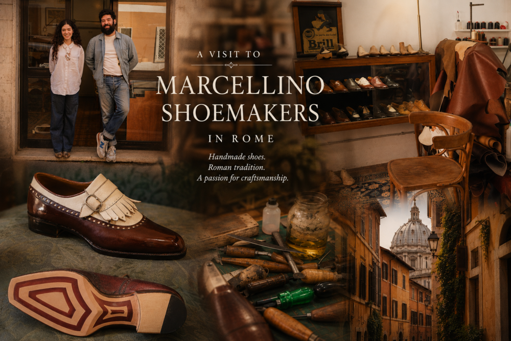 A man and woman stand together in front of a shoemaker's shop, with a polished brown shoe featuring a white strap and decorative elements in the foreground.